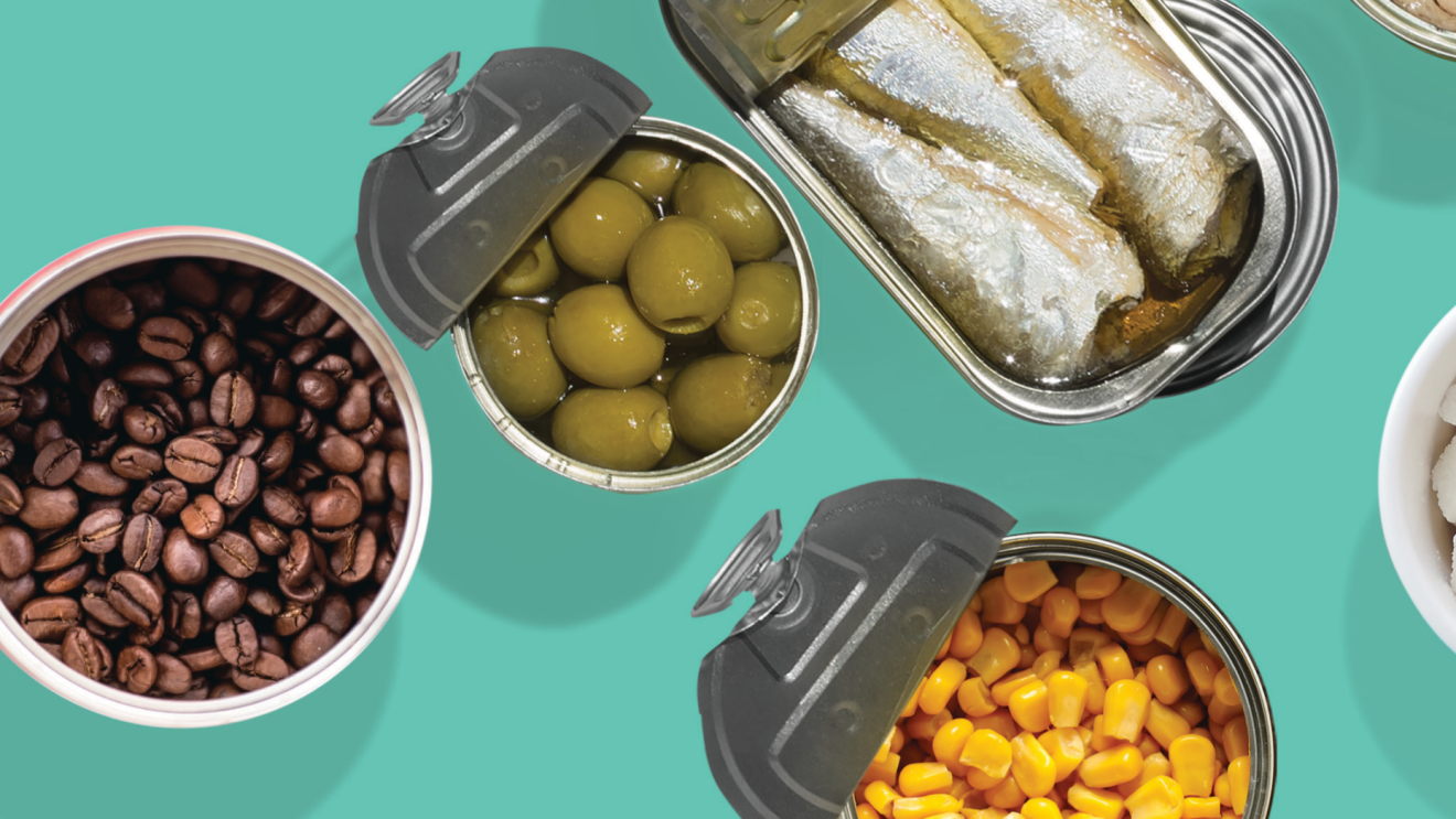 Groceries with coffee beans, olives and corn