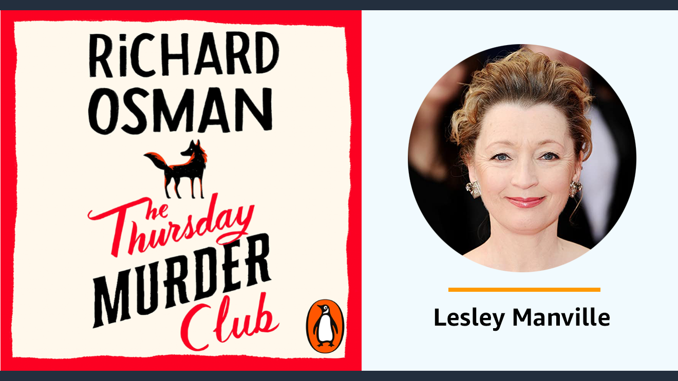 Lesley Manville alongside the Thursday Murder Club audiobook cover