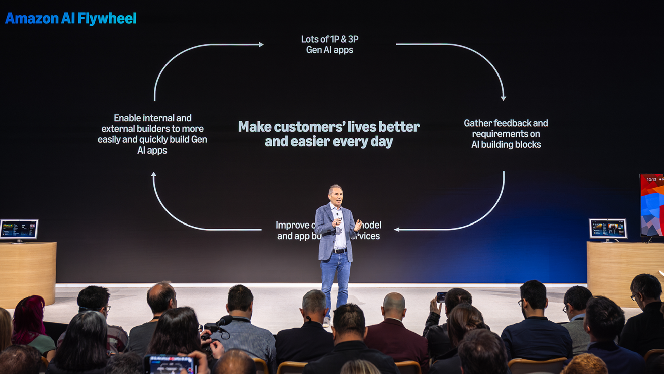 Amazon CEO Andy Jassy on stage speaking at Amazon's 2025 Devices & Services event.