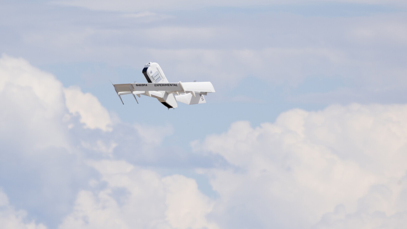 Images of an Amazon employee wearing an orange safety vest next to an Amazon drone. Images of a drone in air.