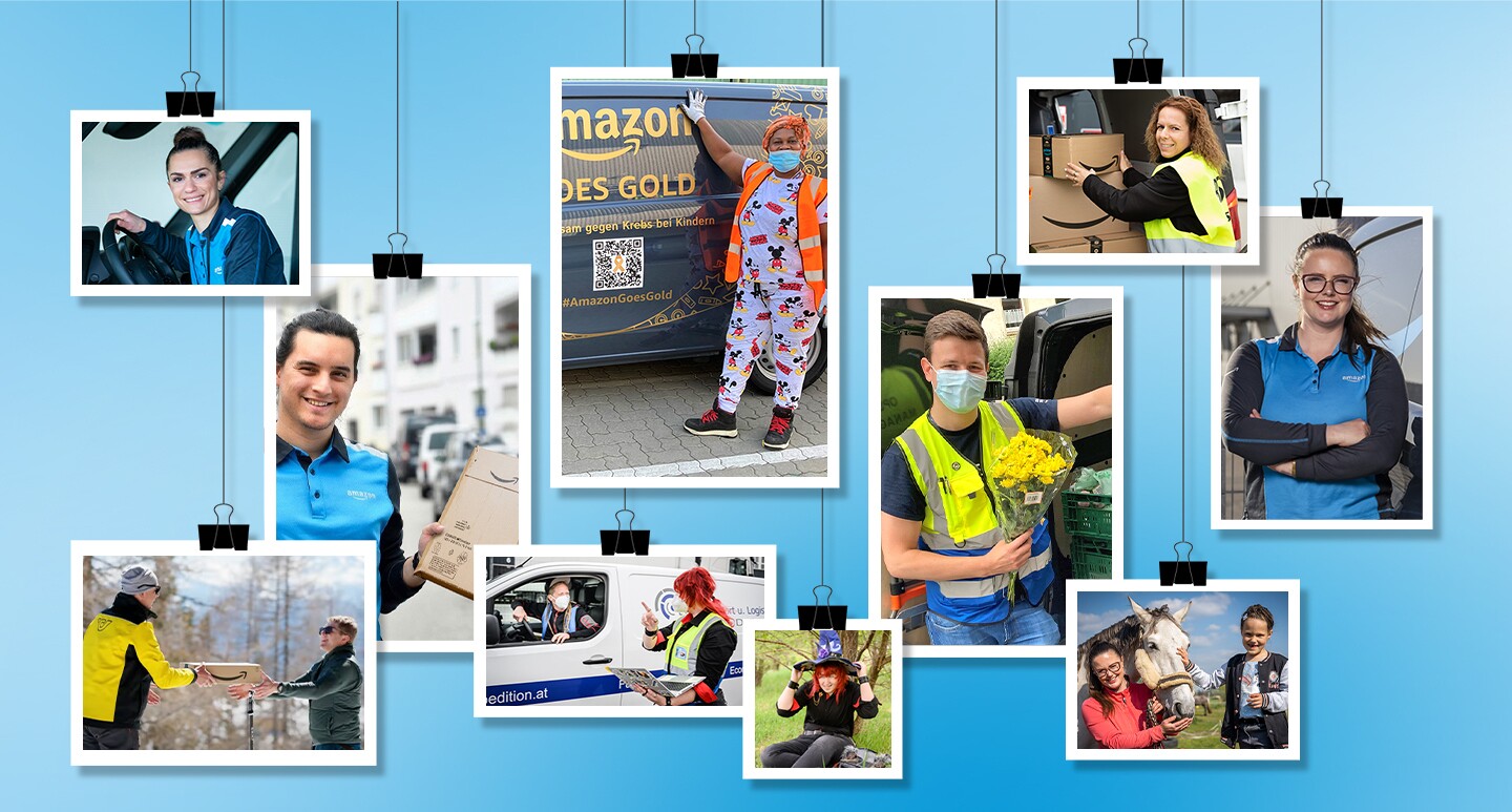 Collage mit Amazon Mitarbeiter:innen aus der Transportlogistik und Fahrer:innen aus Partnerunternehmen von Amazon.