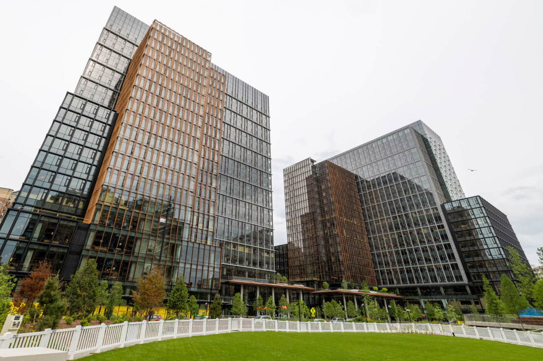 A photo of Amazon HQ2 Metropolitan Park’s two 22-story office buildings in Arlington, Virginia.