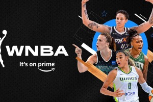 A graphic showing the WNBA logo with lettering under it that says "It's on Prime." Next to the lettering you see an image with multiple action shots of WNBA players overlayed.