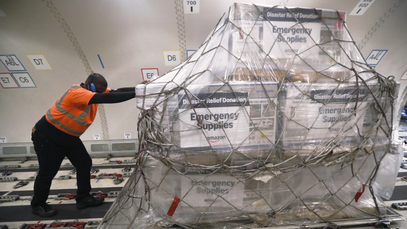 Amazon disaster relief donation being loaded onto plane