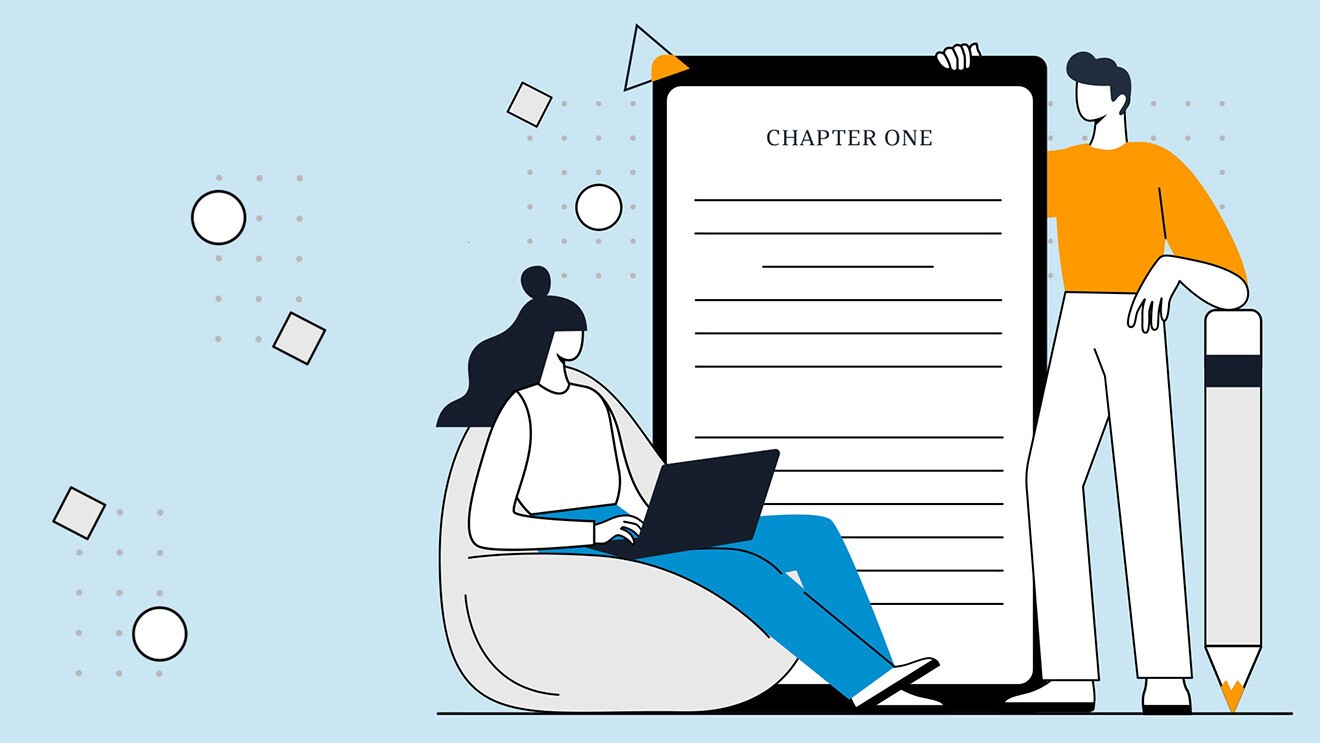 An illustration of two people gathered around a giant e-reader, the woman is sitting using her laptop while the man is standing and resting his arm on a giant pencil.