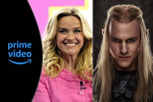 collage of reese witherspoon, a lord of the rings character, and the back of roger federer's head as part of prime videos new entertainment announcements at upfronts 2024