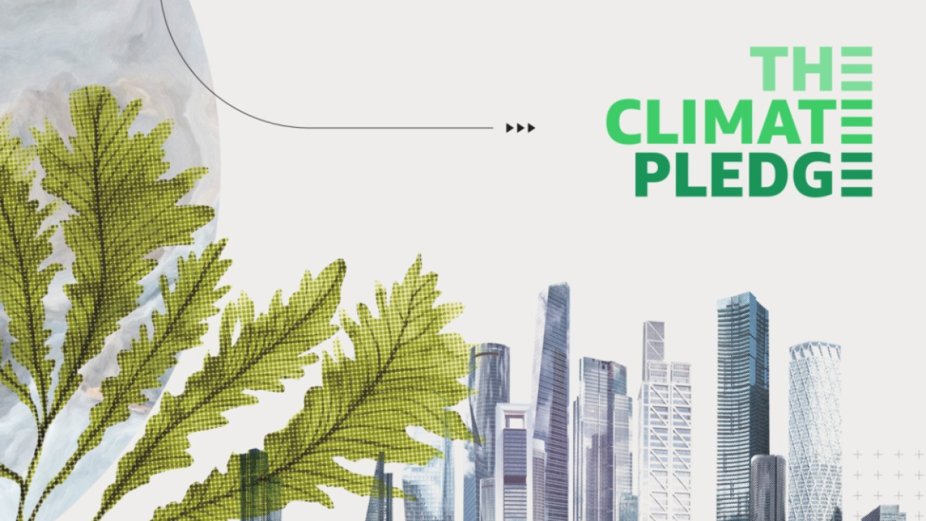 Climate Pledge logo over images of buildings