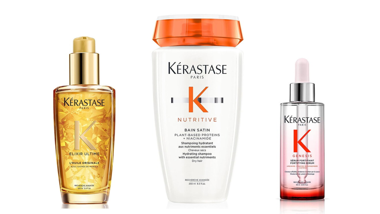 An image of three hair products from Kerastase, including hair oil, shampoo, and hair serum.