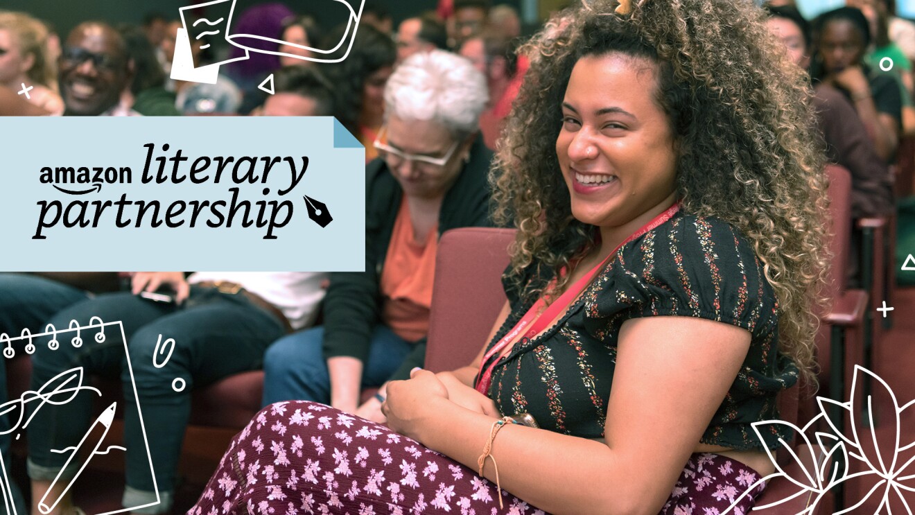 A photo of an event attendee sitting in a theater. The Amazon Literary Partnership logo overlays the photo.