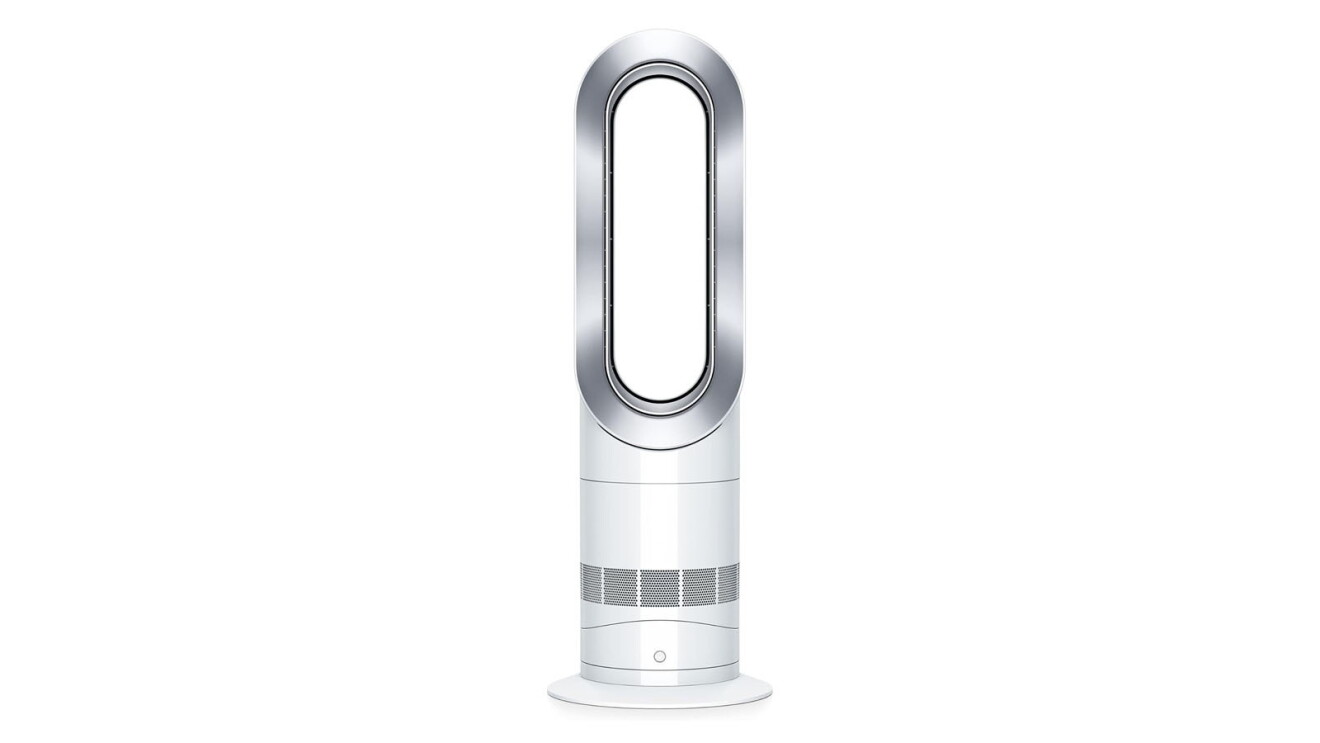 An image of the Dyson fan. It has a hollow, cylinder up top and a solid, white base.