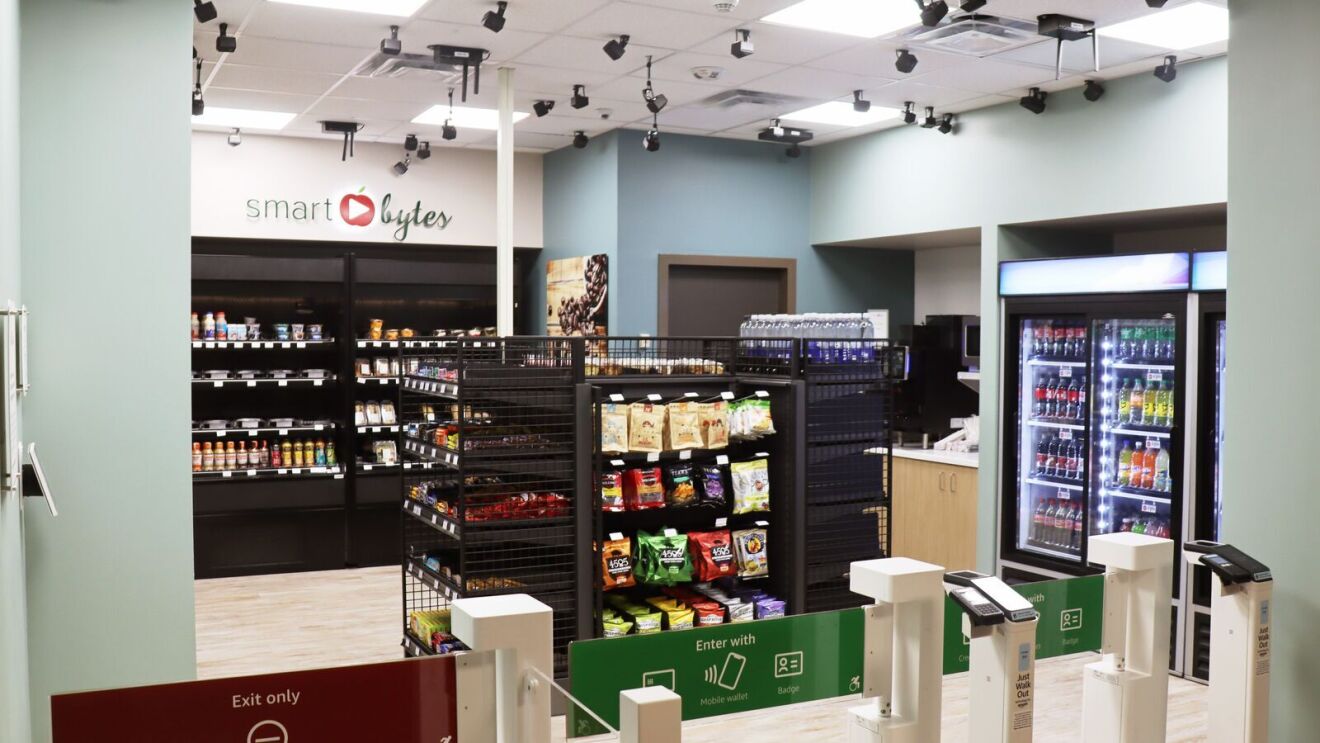 A photo of snacks and beverages displayed inside a hospital retail store using Just Walk Out technology.