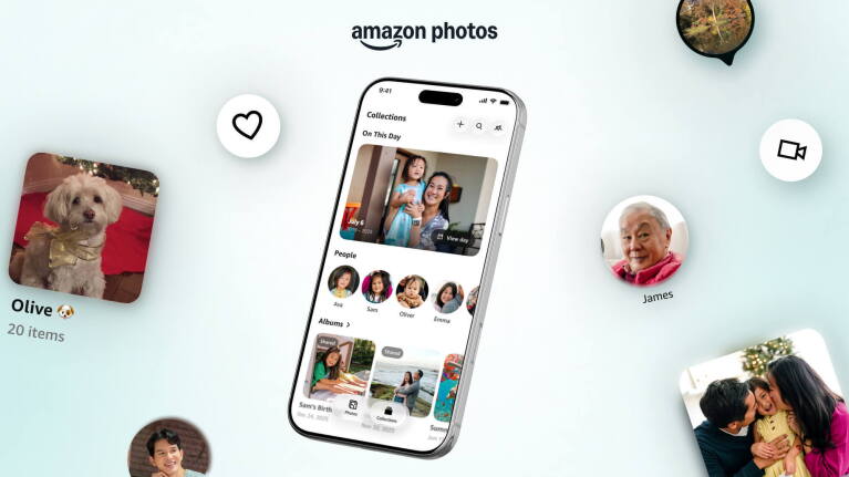 A smartphone displaying Amazon Photos app with family photo collections and search features