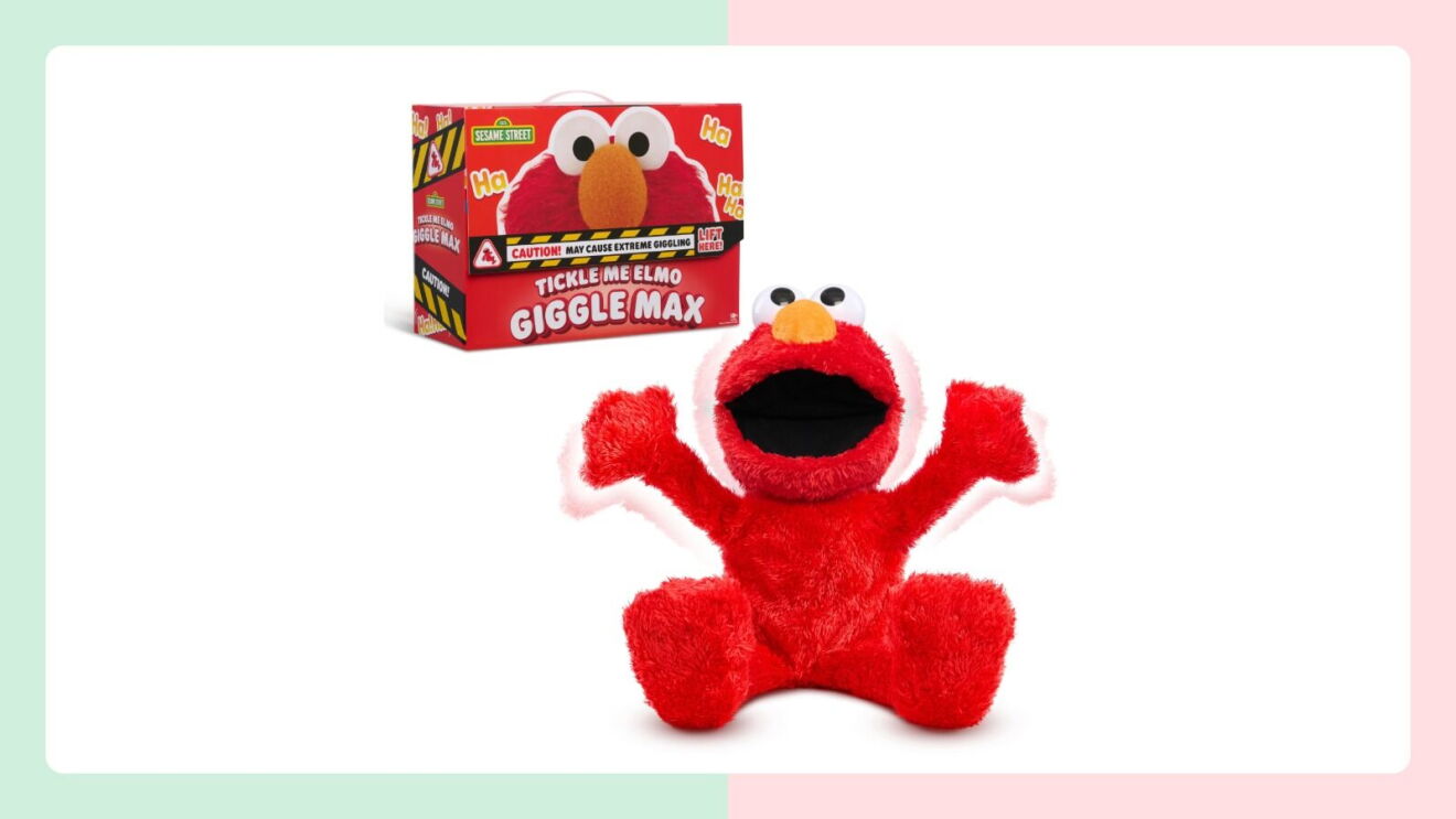 Tickle Me Elmo Giggle Max plush toy with retail packaging box