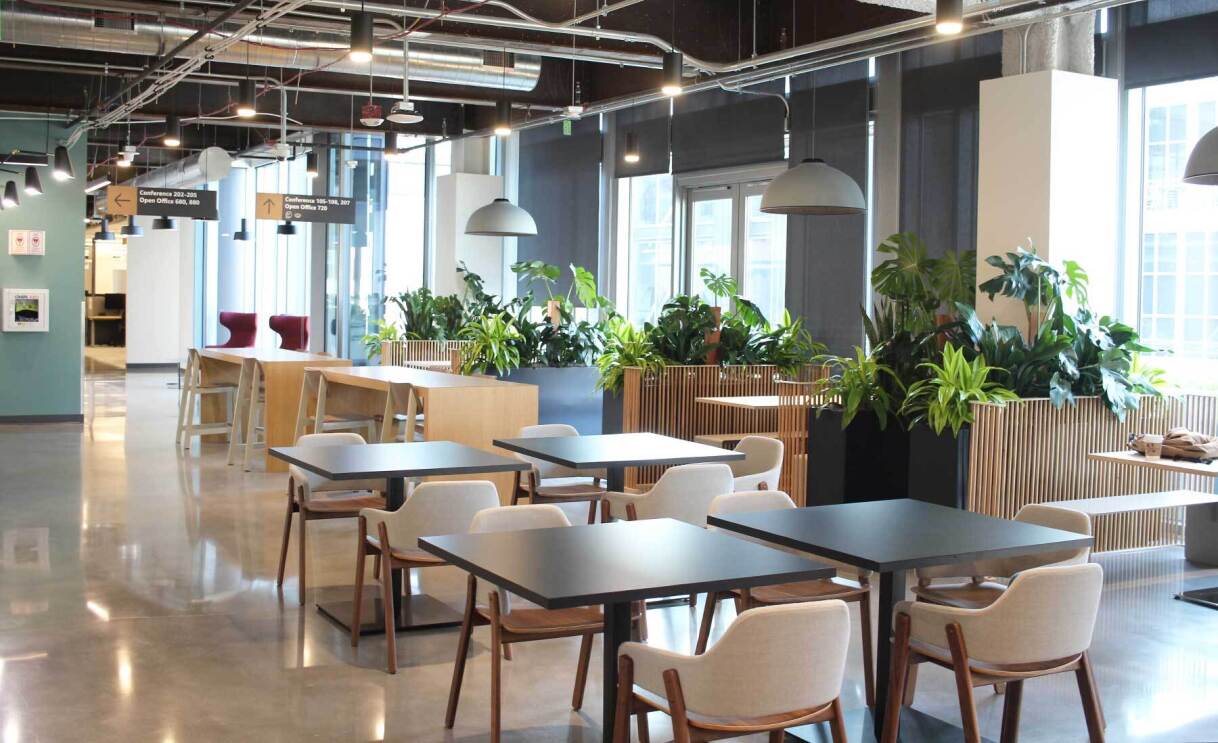 An image of a large dining area with several tables and plants.
