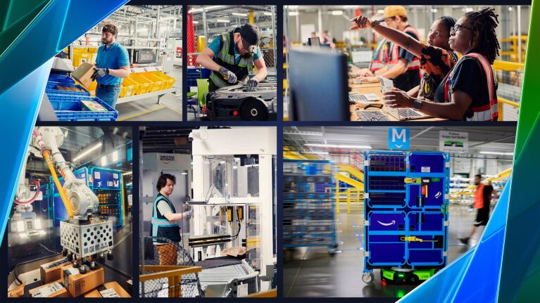 Images of Amazon employees working with robots at an Amazon fulfillment center in Shreveport, Louisiana.