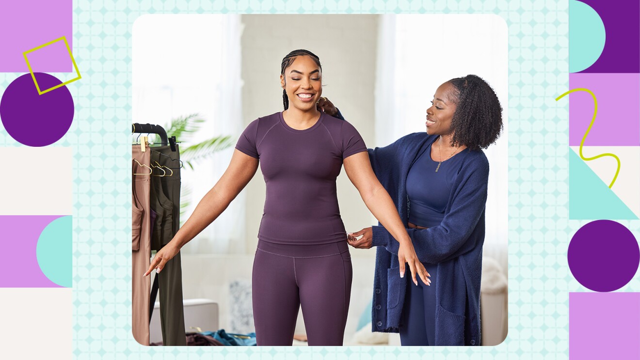 Clothing alteration scene with customer in workout attire and tailor making adjustments