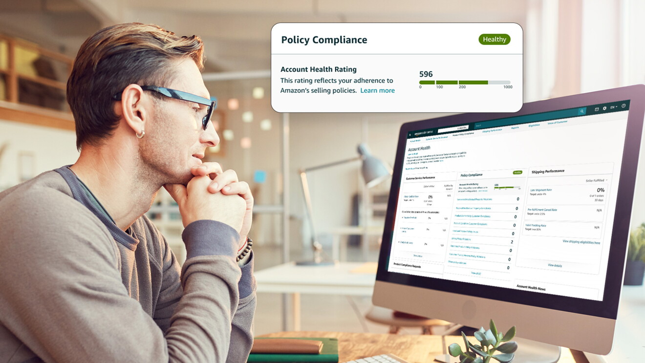 Man looking at laptop that is showing Account Health Rating on screen