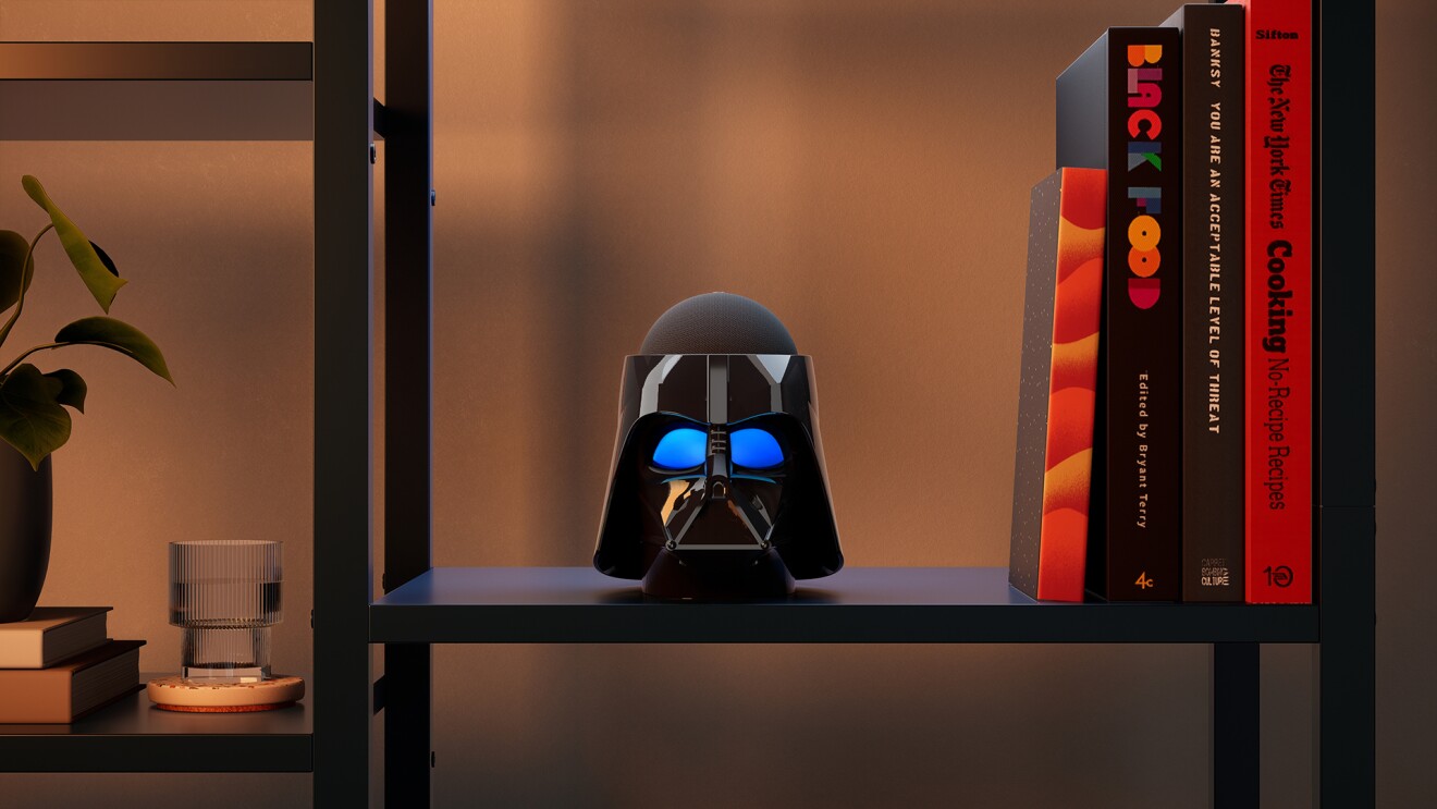 A "Star Wars" themed stand with an Echo Dot.