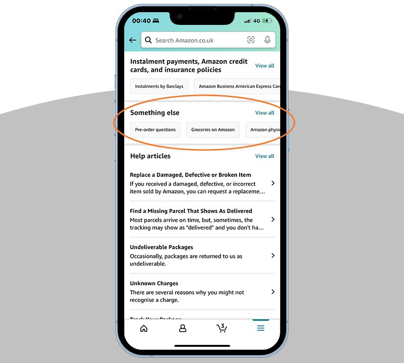 A mobile phone showing how to contact Amazon Customer Service