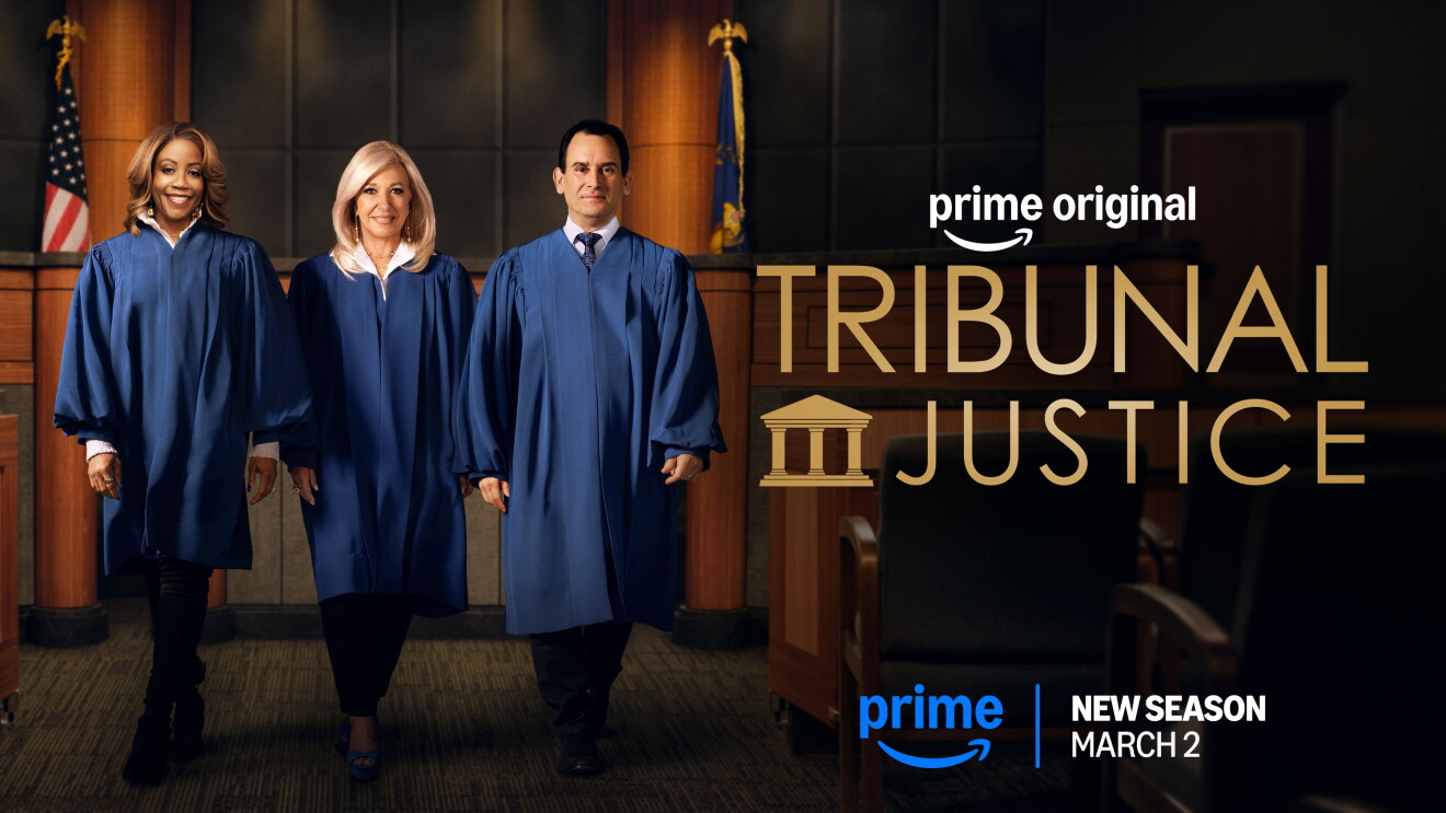 Three judges in blue robes standing in a courtroom for Prime Original series Tribunal Justice