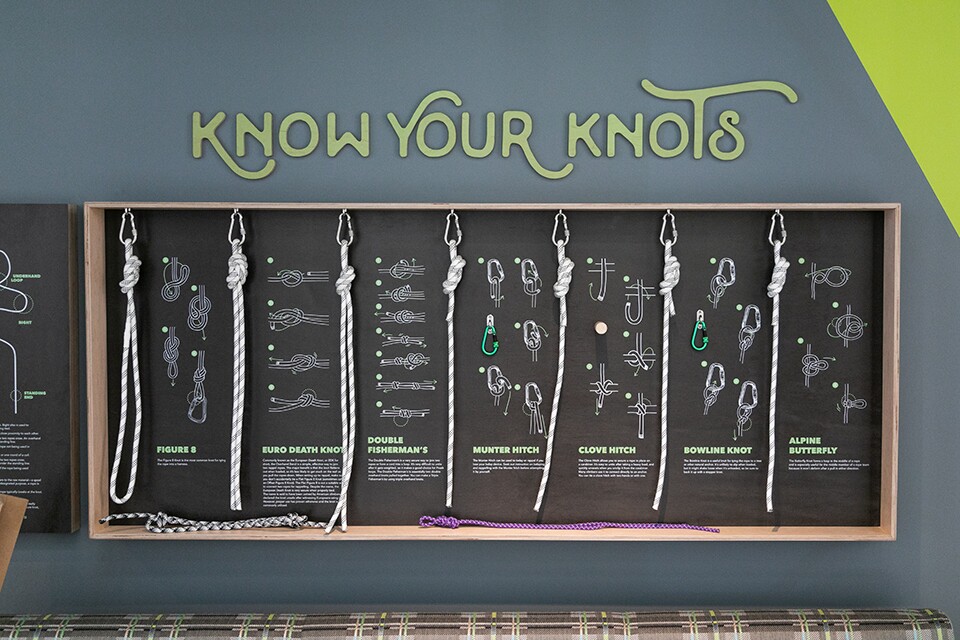 Know your knots signage in the Amazon Boulder office. Knots shown include figure 8, euro death knot, double fisherman's, munter hitch, clove hitch, bowline knot, alpine butterfly.