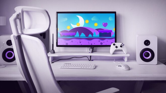 An image of a purple gaming setup with a screen showing an illustration. 