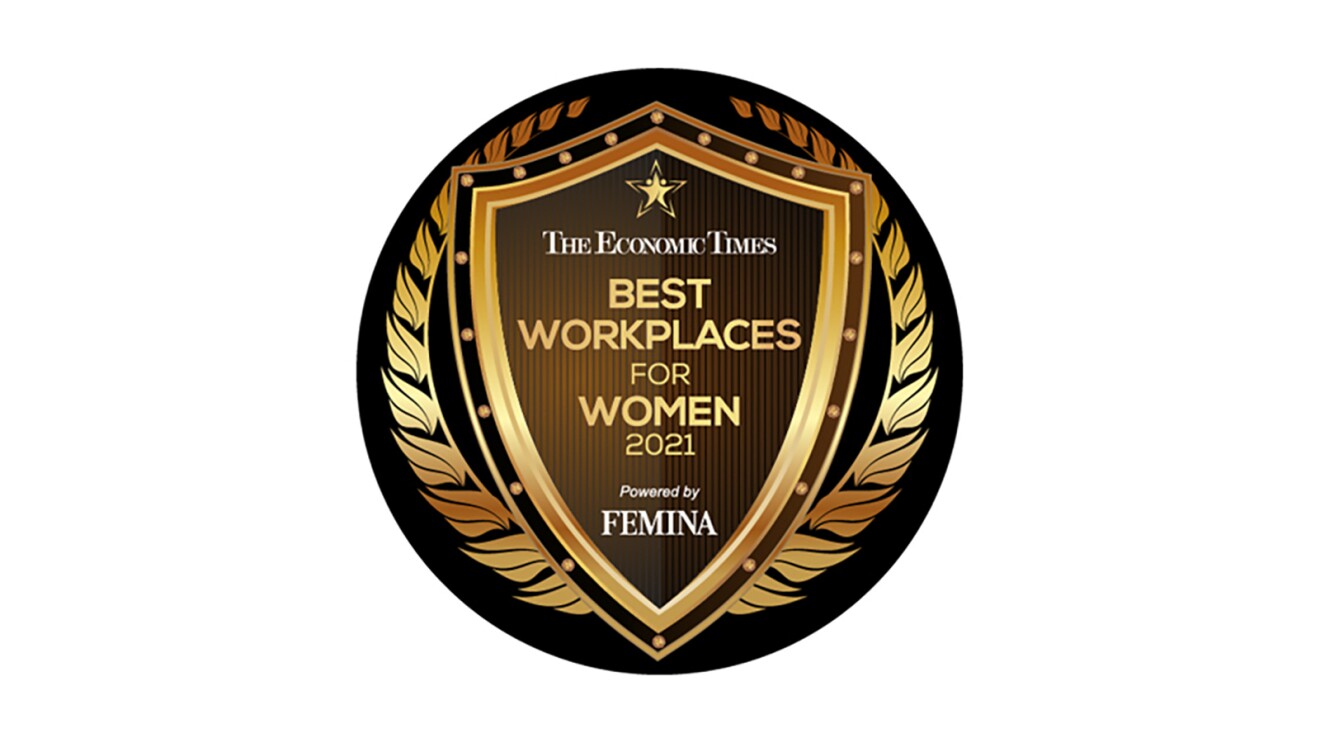 A seal on brown and gold that says "The Economic Times, Best Workplaces for Women 2021, powered by Femina."