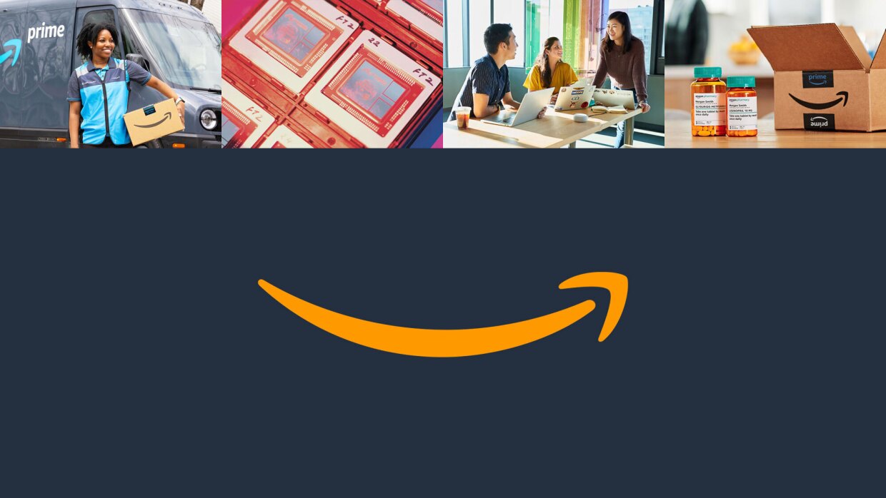 Amazonのロゴの上に4枚の写真が配置されている。写真はドライバー、デバイス、お客様、瓶に入った商品