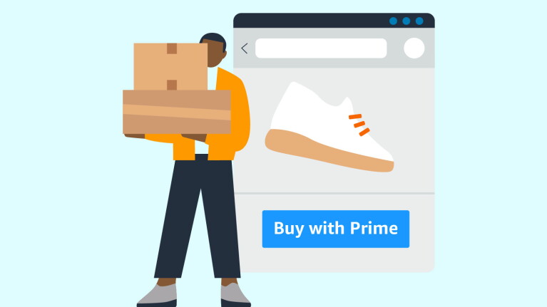 Graphic image of a man holding boxes after using Buy with Prime.