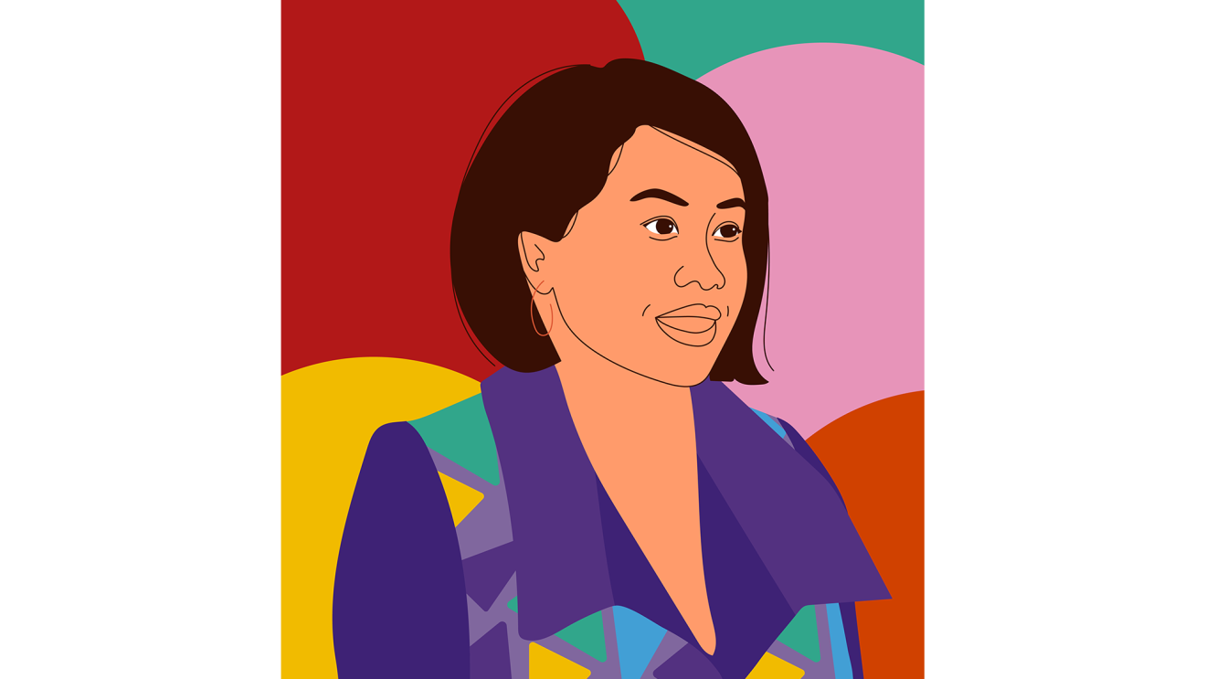 Art by Aurelia Durand depicting a woman who works in technology. Colors are bright and saturated in the woman's image, and background