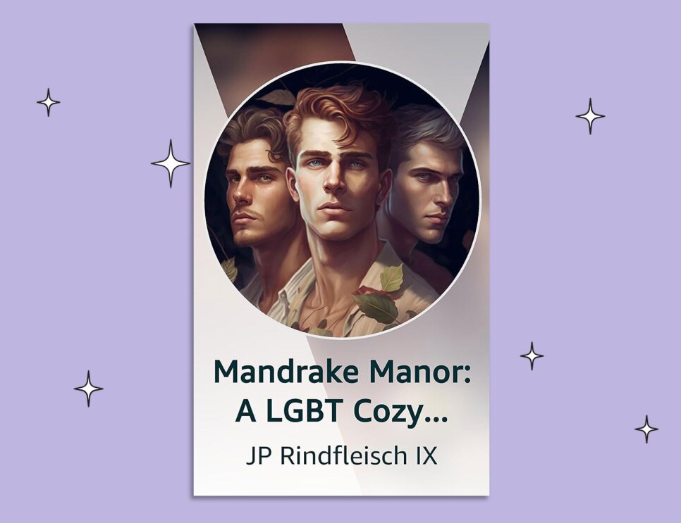 An image of the cover of 'Mandrake Manor: A LGBT Cozy Suburban Fantasy' by JP Rindfleisch IX with a purple background.