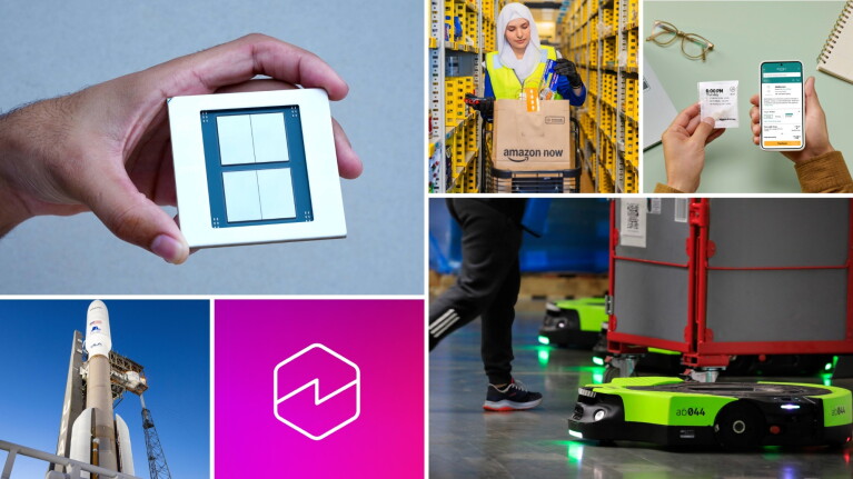 A collage featuring highlights from Amazon's second quarter earnings results: a custom chip, an employee preparing an Amazon Now order, a smartphone featuring an online Amazon Pharmacy prescription order, an Amazon Leo rocket, Amazon Quick logo, an Amazon Proteus robot alongside an employee.