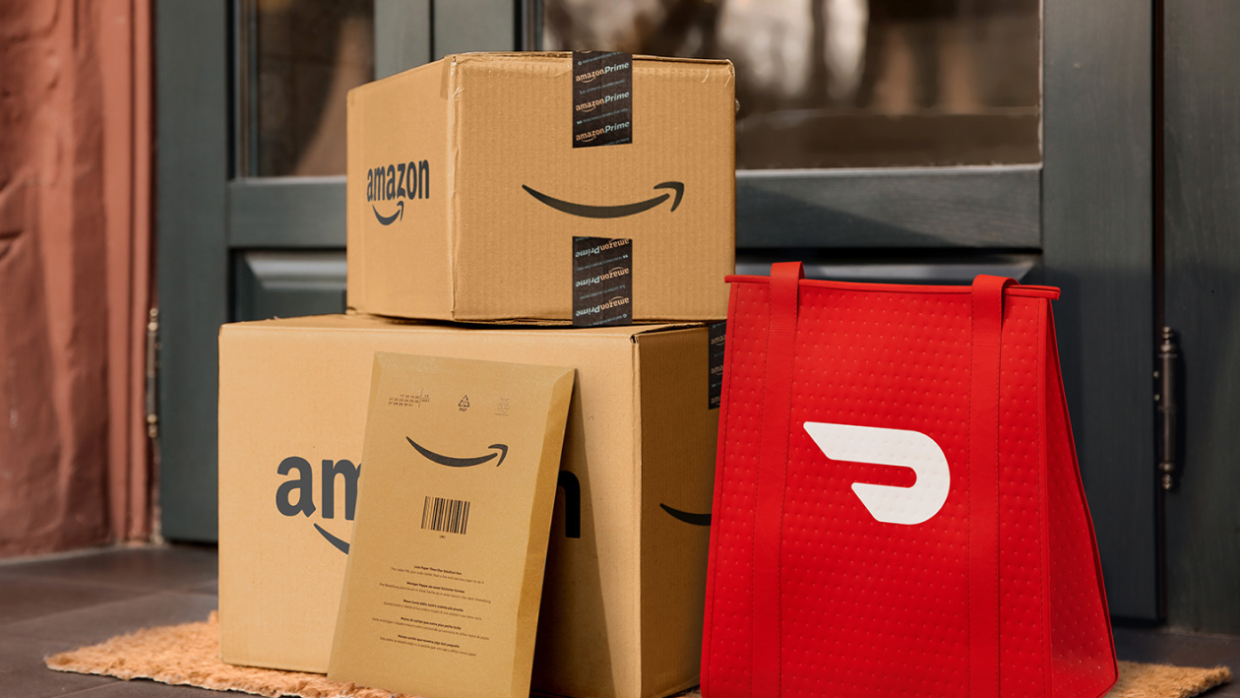 Amazon and DoorDash packages in front of a door