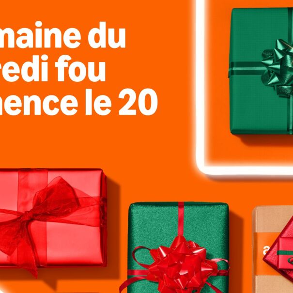 Une image qui dit "La semaine de Vendredi fou commence le 20 novembre" entouré de cadeaux