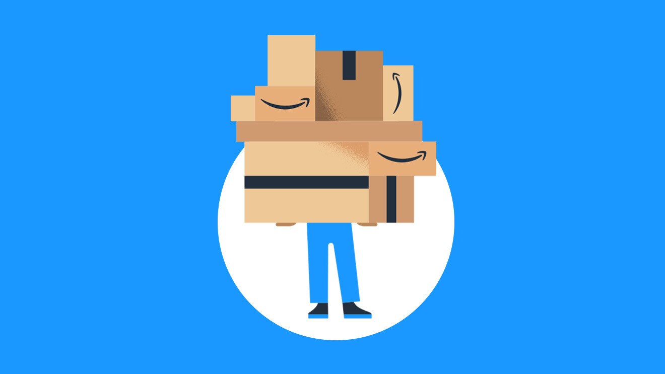 A graphic of a person holding a stack of Amazon boxes.