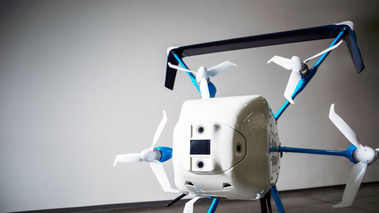 MK30 Prime Air white drone with blue accents and folding propellers