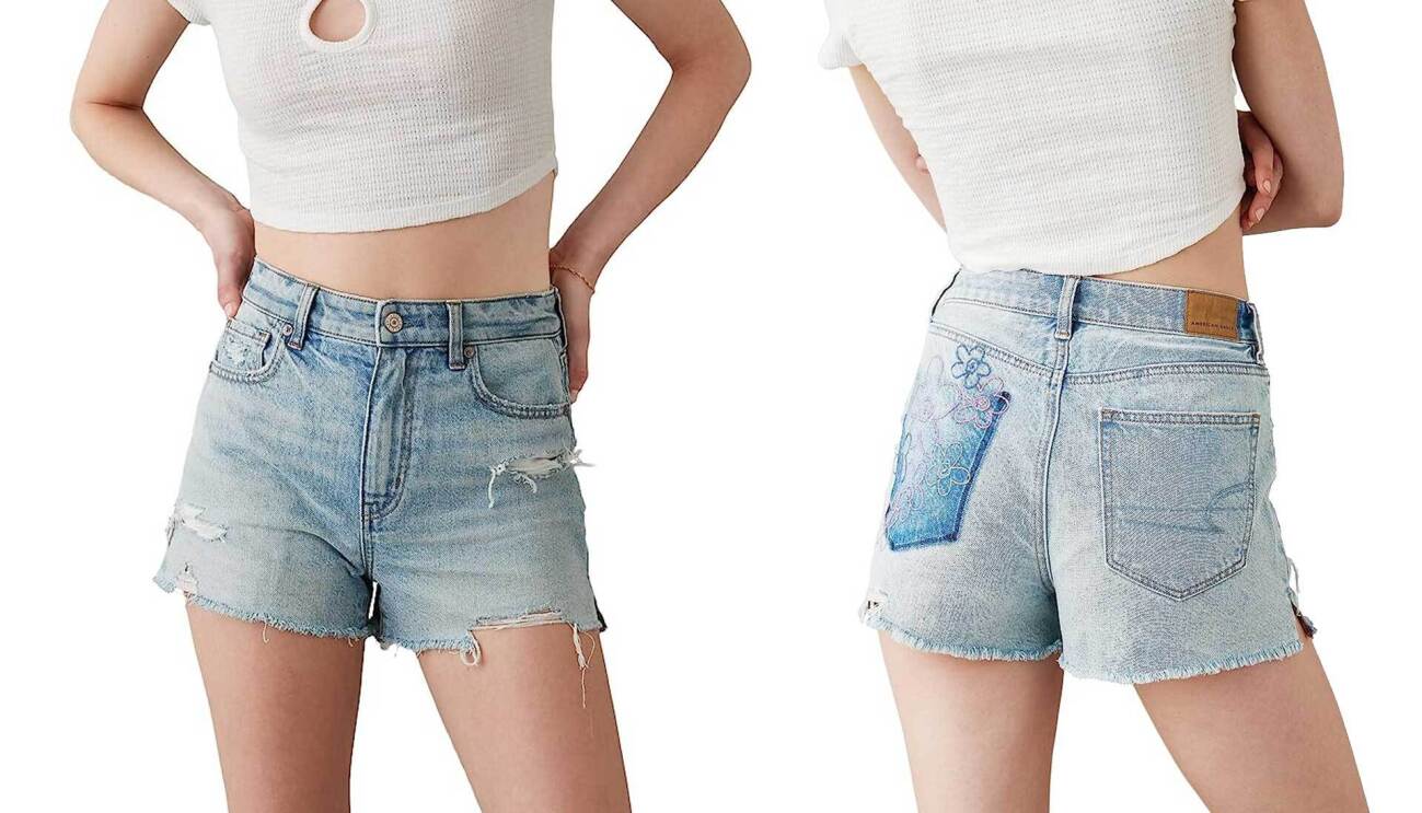 Image of the front and back of denim mom shorts.