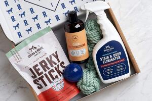 A selection of pet products in a box