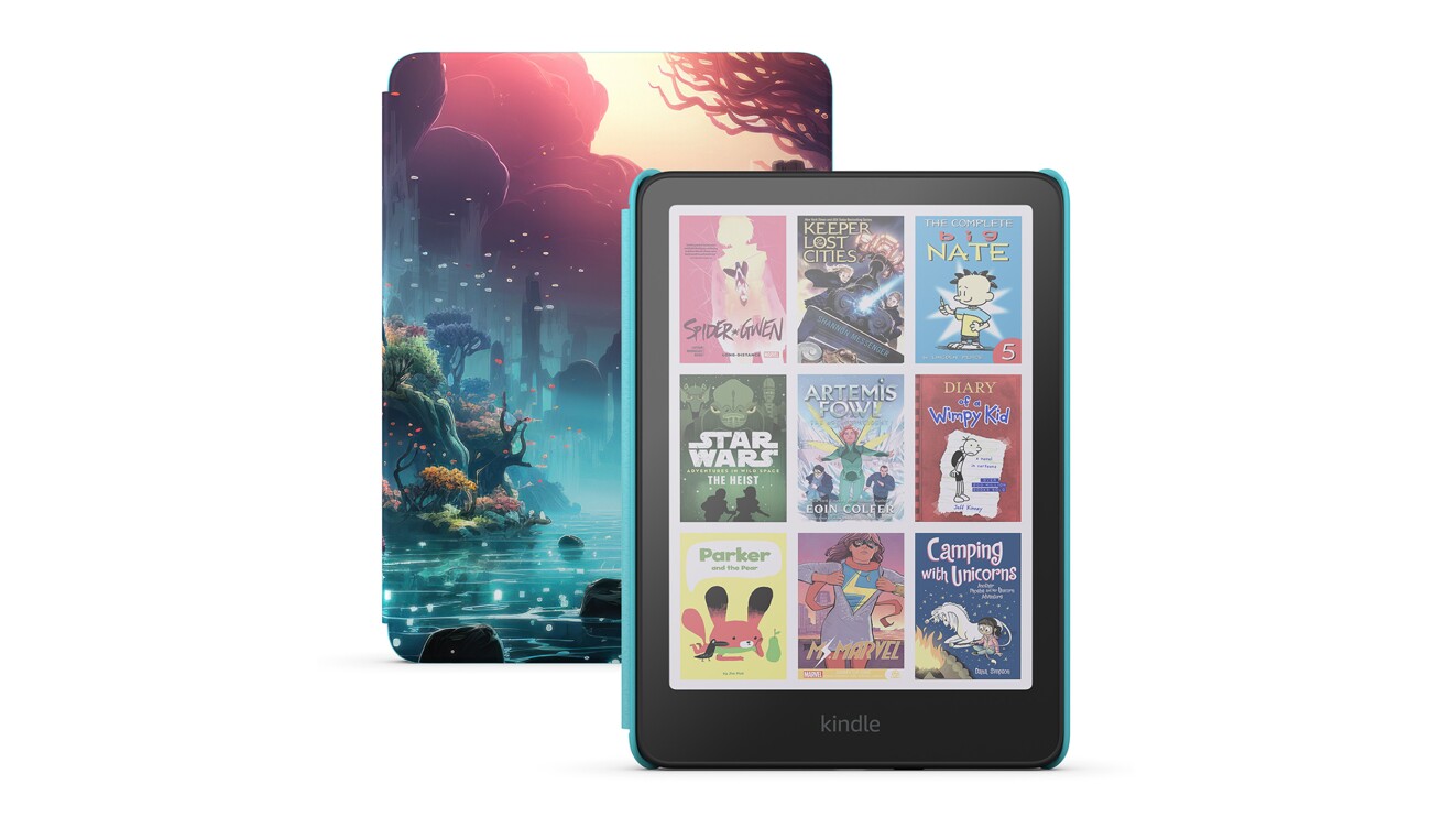 Kindle Kids device displaying children's book covers next to fantasy landscape cover
