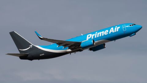 Amazon's cargo airline jet climbing after takeoff