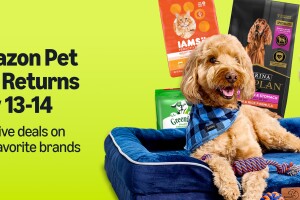 Amazon Pet Day promotion featuring dog on bed with pet food and treat brands