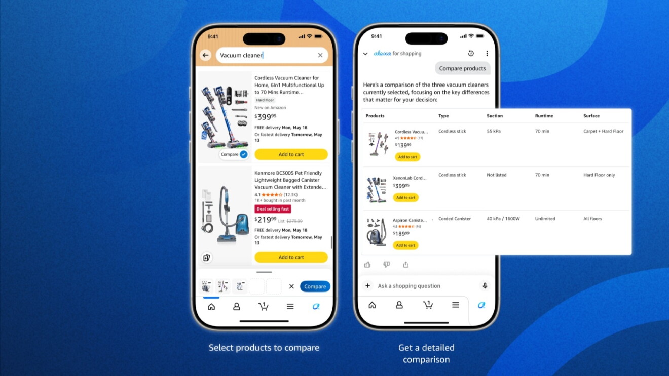Amazon's Alexa for Shopping interface showing vacuum cleaner selection and comparison features on two smartphone screens