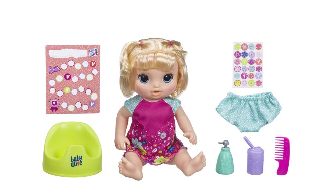 交互式婴儿活娃娃说话,喝水,去厕所。娃娃有服装,如厕,水瓶,假装给皂器,内衣,梳子,奖励与贴纸图