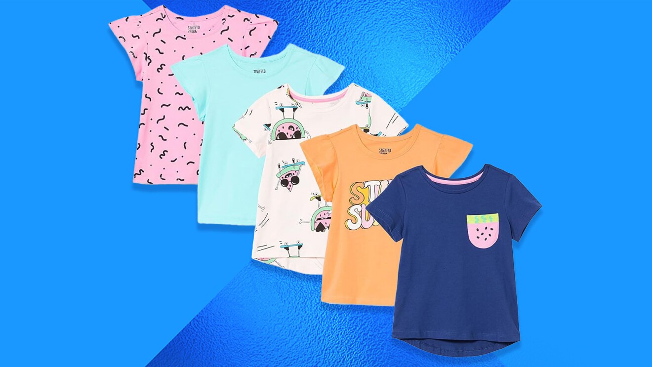 Girls' printed t-shirts in pink, green, white, orange, and navy