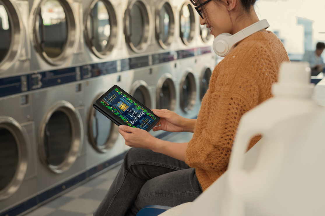 A woman holding the new fire 8 hd tablet and reading The Lost Bookshop on Kindle