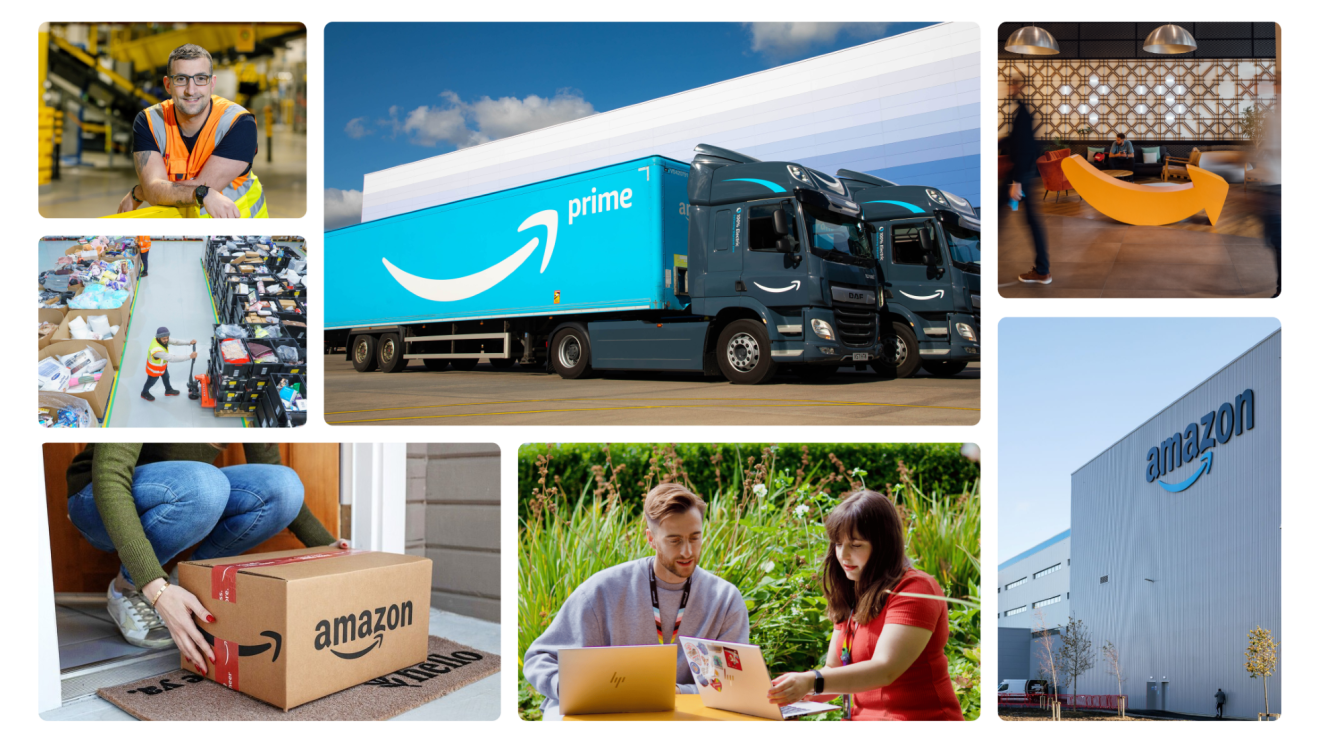 Eine Collage mit Eindrücken von Amazon Standorten und Mitarbeitenden. 