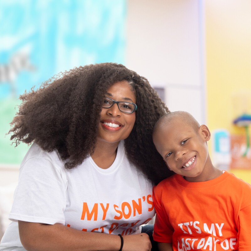An image of a mother and son smiling for a photo at St. Jude's Children's Hospital.
