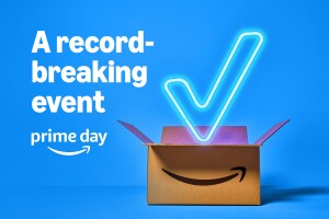 Record-breaking Prime Day event announcement with Amazon Prime box with glowing check mark