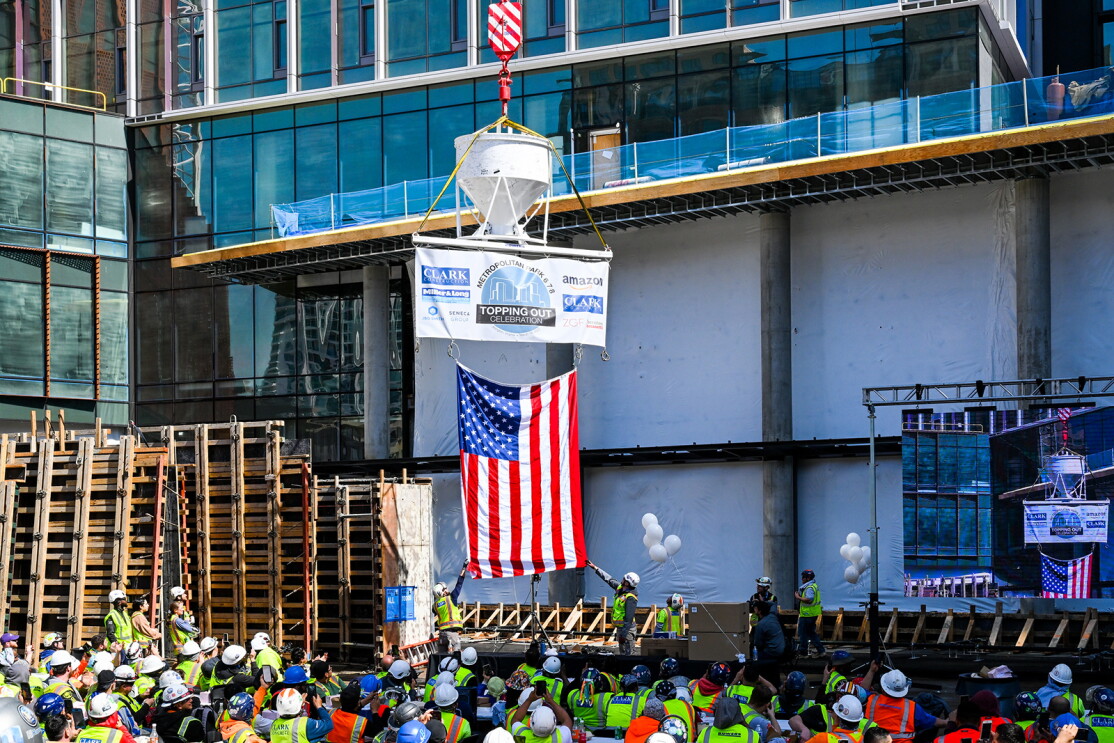 An image of the "top out" event celebration for Amazons HQ2's Met Park.