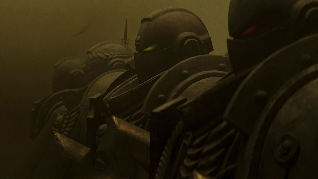 Closeup of sci-fi warrior helmets with glowing eyes.